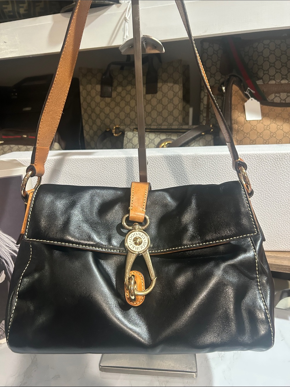 Dooney & Bourke Black Shoulder Bag with Tan Trim